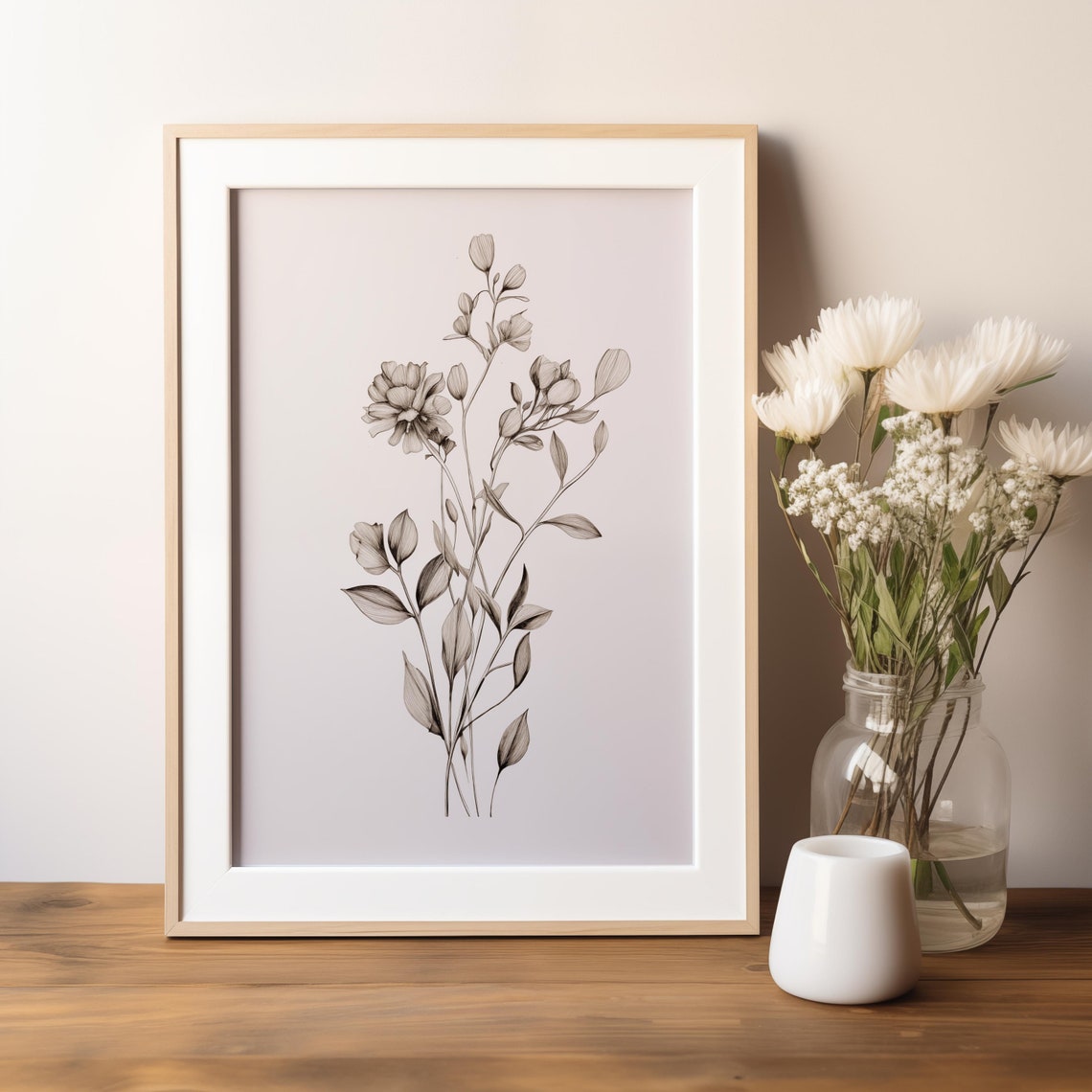 Black and White Wildflower Sketch Minimal Botanical Line Art Poster - Image 3