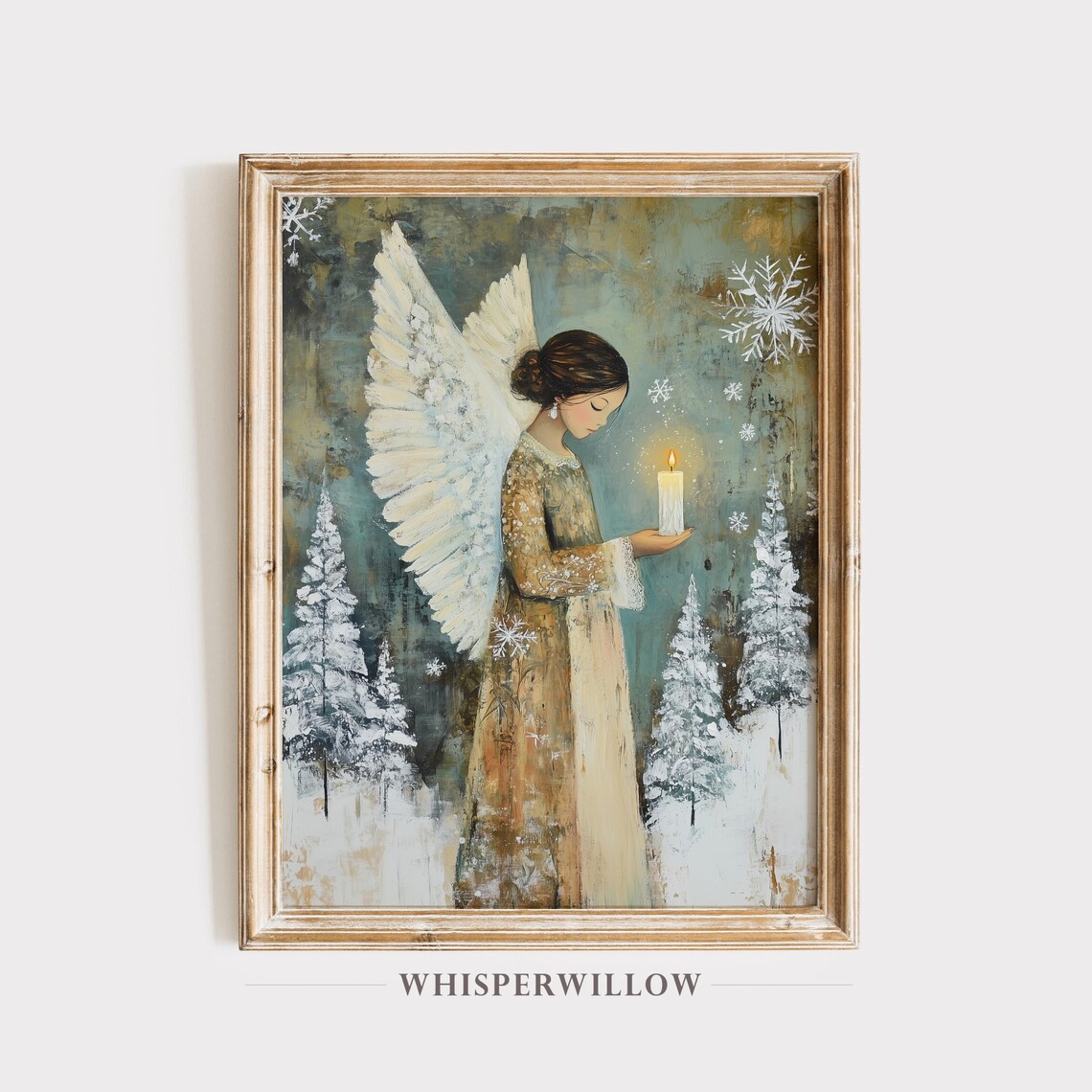 Winter Holiday Angel Candle Snowy Pines Snowflakes Peaceful Wall Art