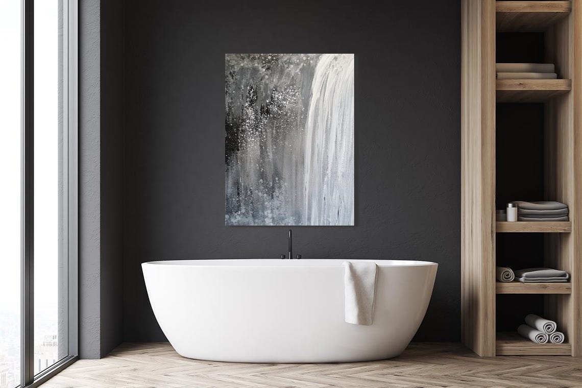 Silver Glitter Imitation Abstract Waterfall Painting Modern Minimalist Art Elegant Black And White Wall Decor - Image 5