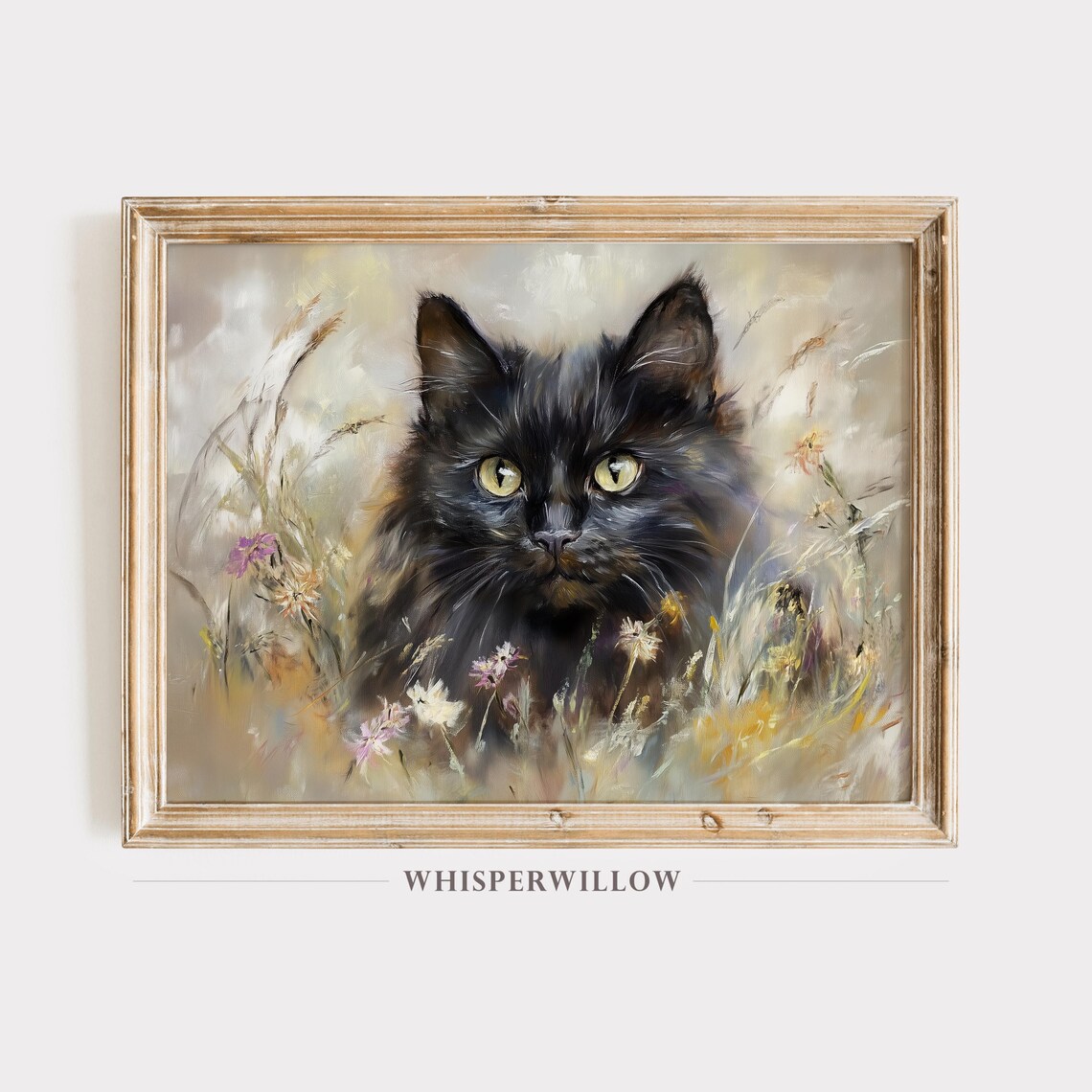 Fluffy Black Cat Portrait Among Wildflowers Oil Painting Poster
