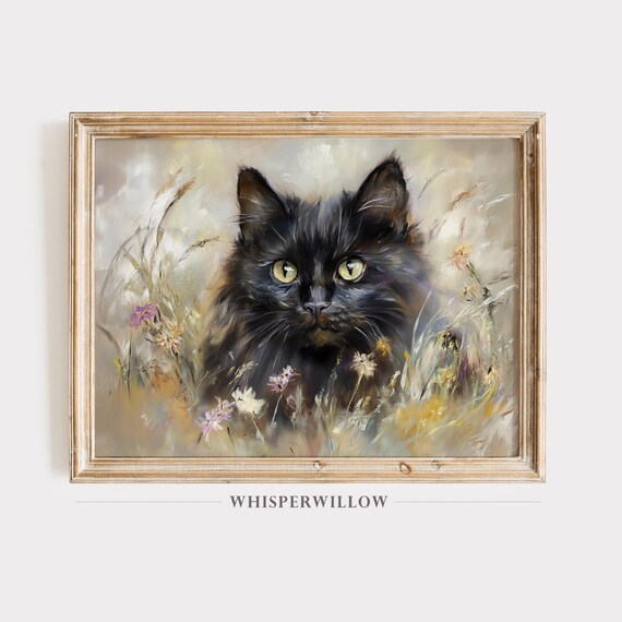 Fluffy Black Cat Portrait Among Wildflowers Oil Painting Poster