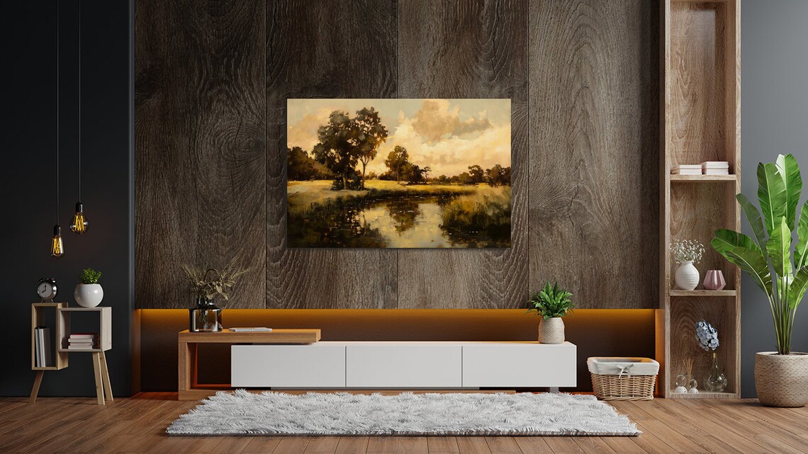 Golden River Sunset With Trees Vintage Landscape Oil Painting Poster - Image 2