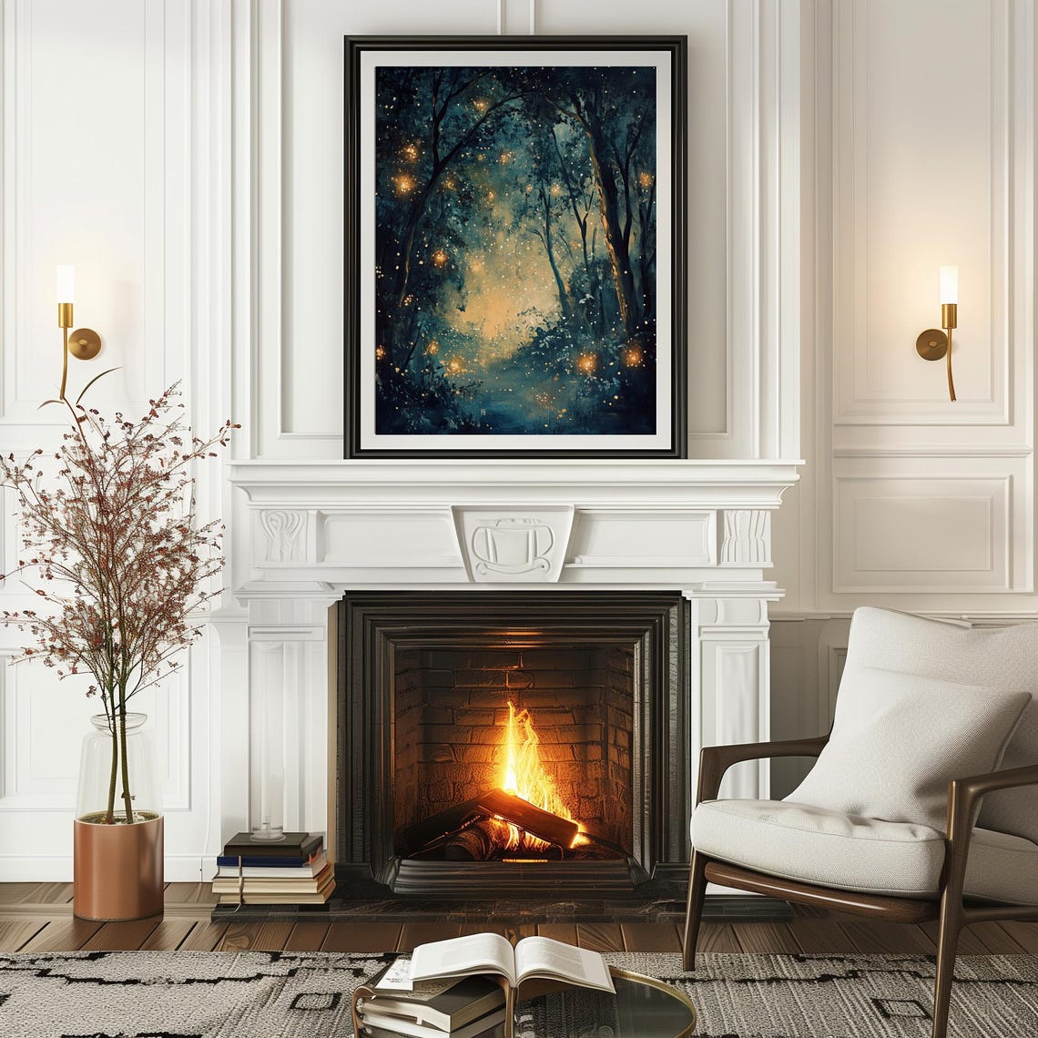 Magical Night Forest with Glowing Fireflies Teal Painting Poster - Image 2