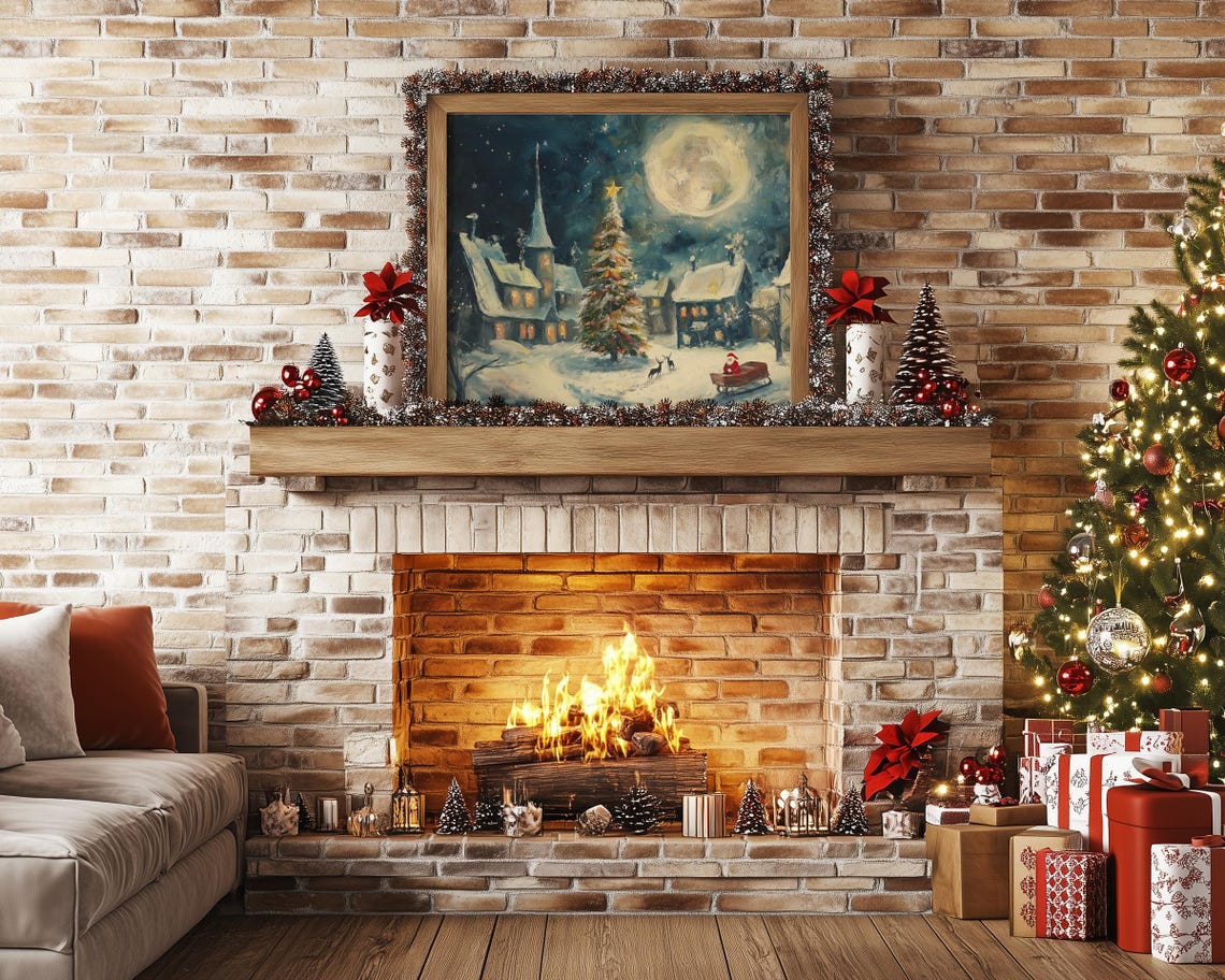 Magical Christmas Village Santa Sleigh Full Moon Snowy Night Poster - Image 4
