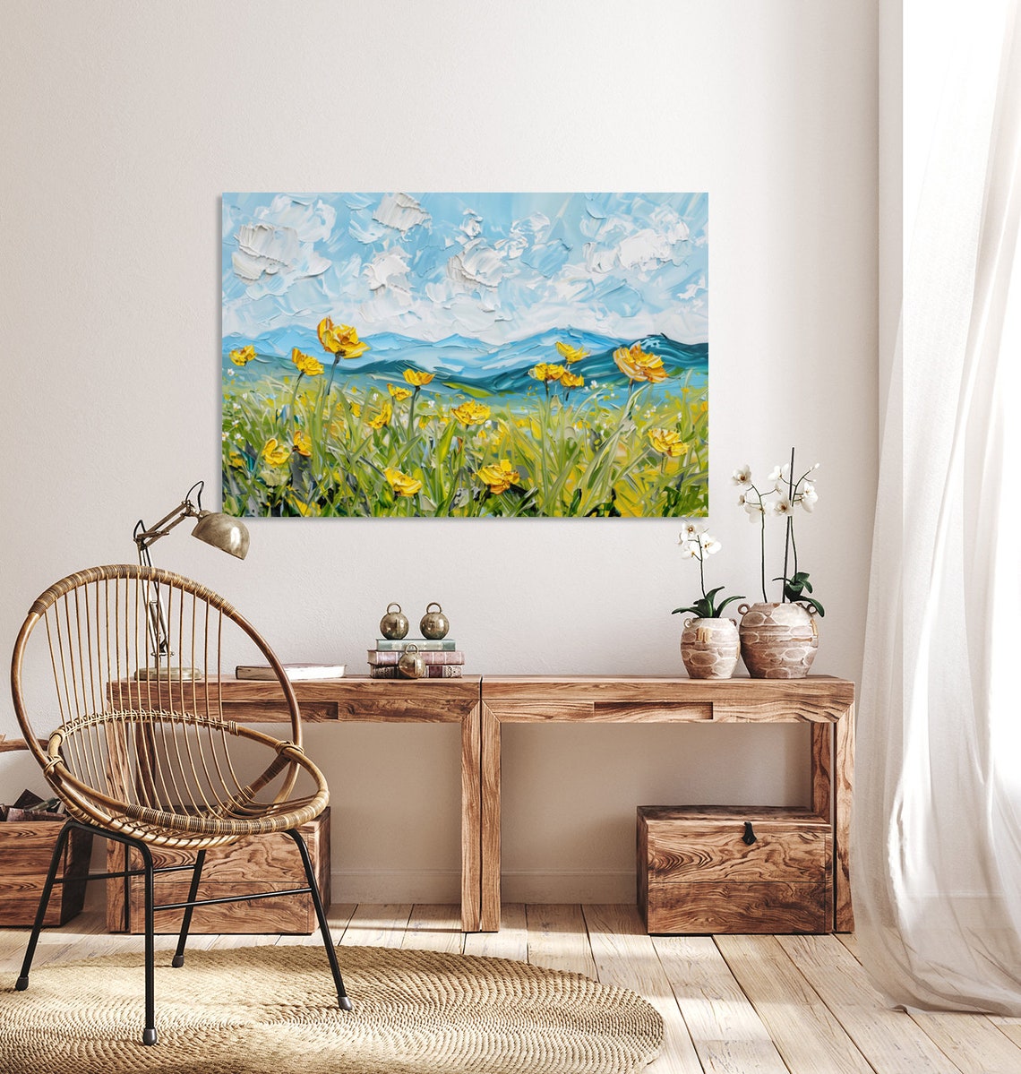 Yellow Buttercup Wildflowers Blue Mountain Impasto Meadow Poster - Image 3
