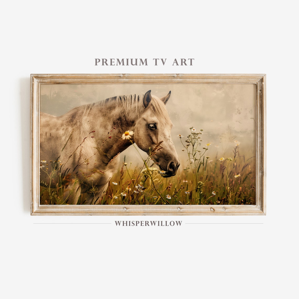 Graceful White Horse Grazing Among Wildflowers in Soft Beige Poster