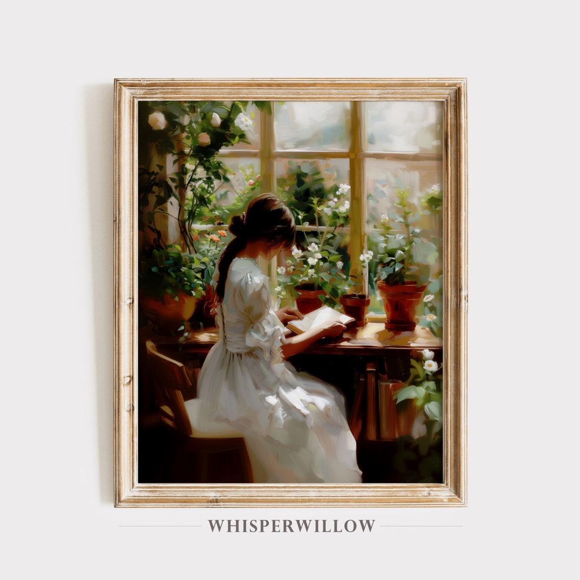 Young Girl Reading Sunny Window Potted Plants Vintage Painting Poster