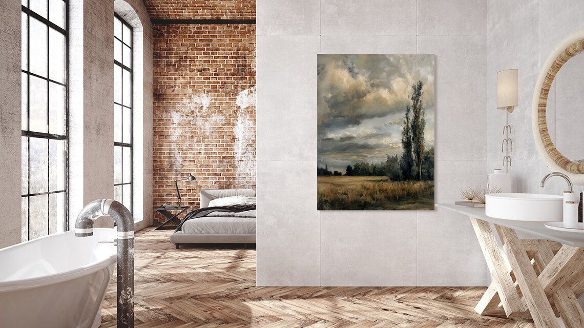 Vintage Country Moody Sky Sunset Field Landscape Art Print - Image 5