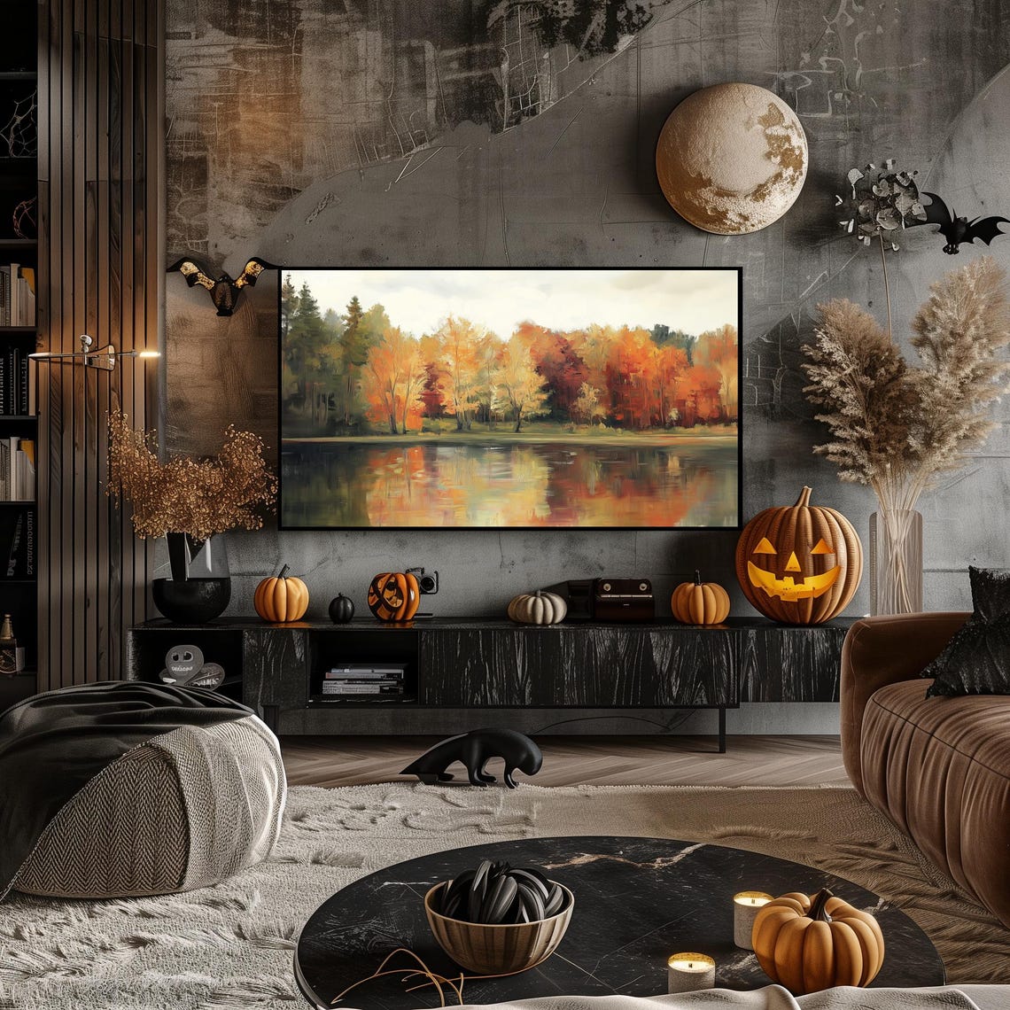 Autumn Lake Reflecting Bright Orange Fall Trees Painting Poster - Image 4