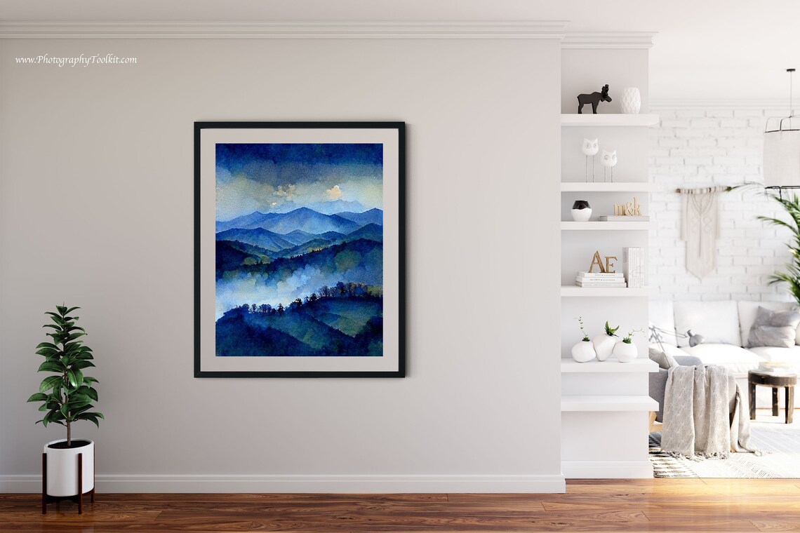 Misty Blue Peaks Watercolor Glowing Clouds Over Foggy Mountain Poster - Image 4