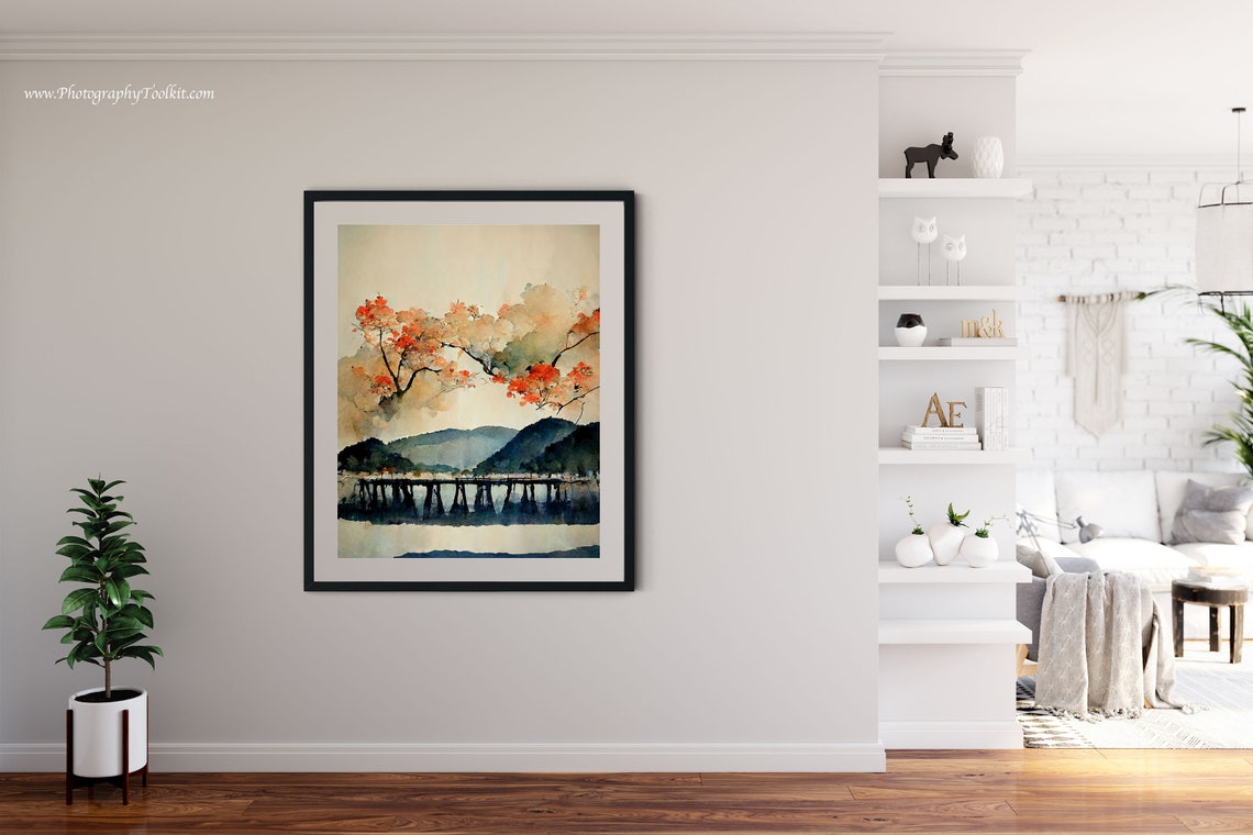 Japanese Maple Calm Lake Wooden Pier Serene Watercolor Poster - Image 4