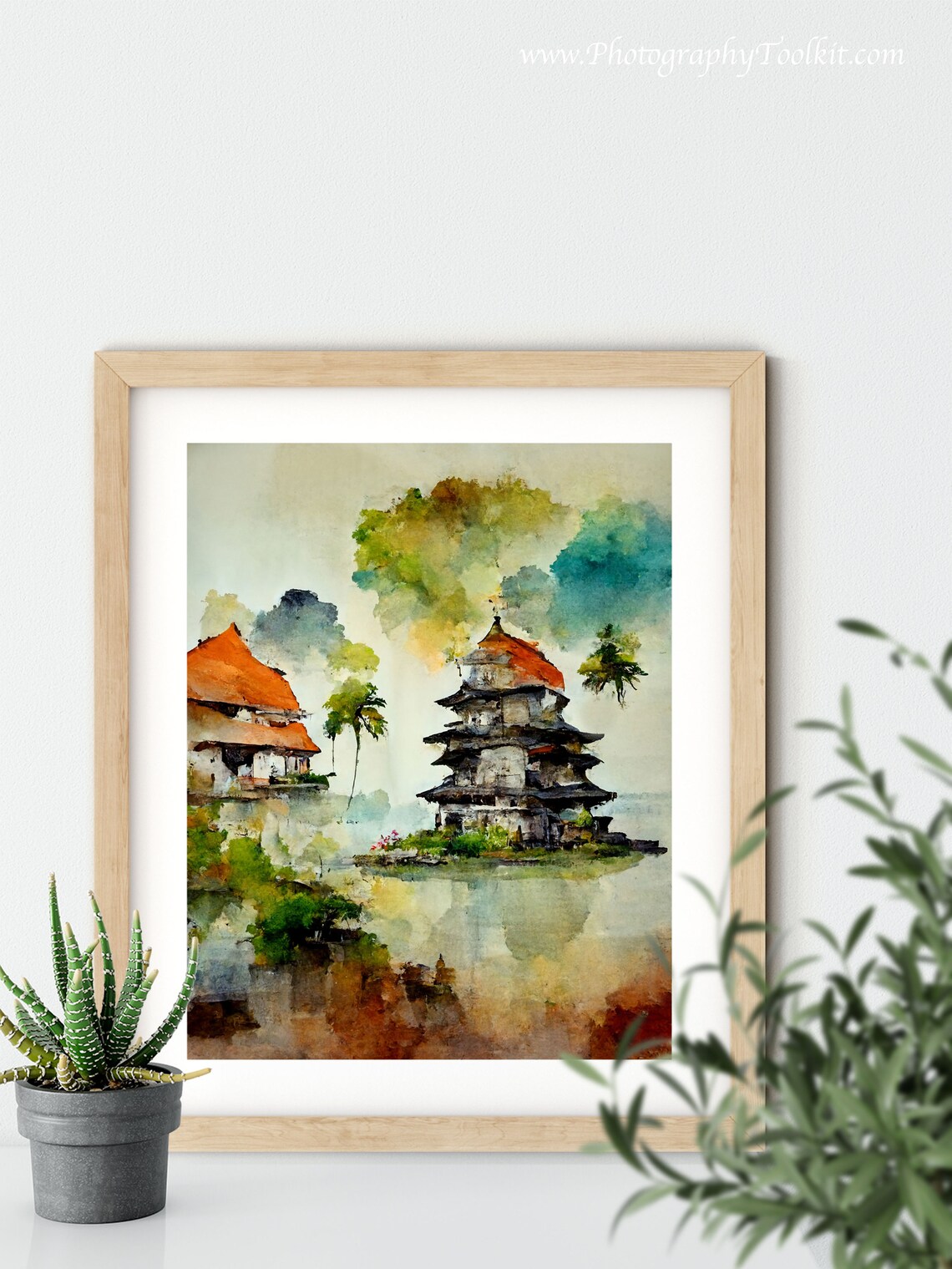 Balinese Temple Tropical Palms Lakeside Watercolor Indonesia Poster - Image 5