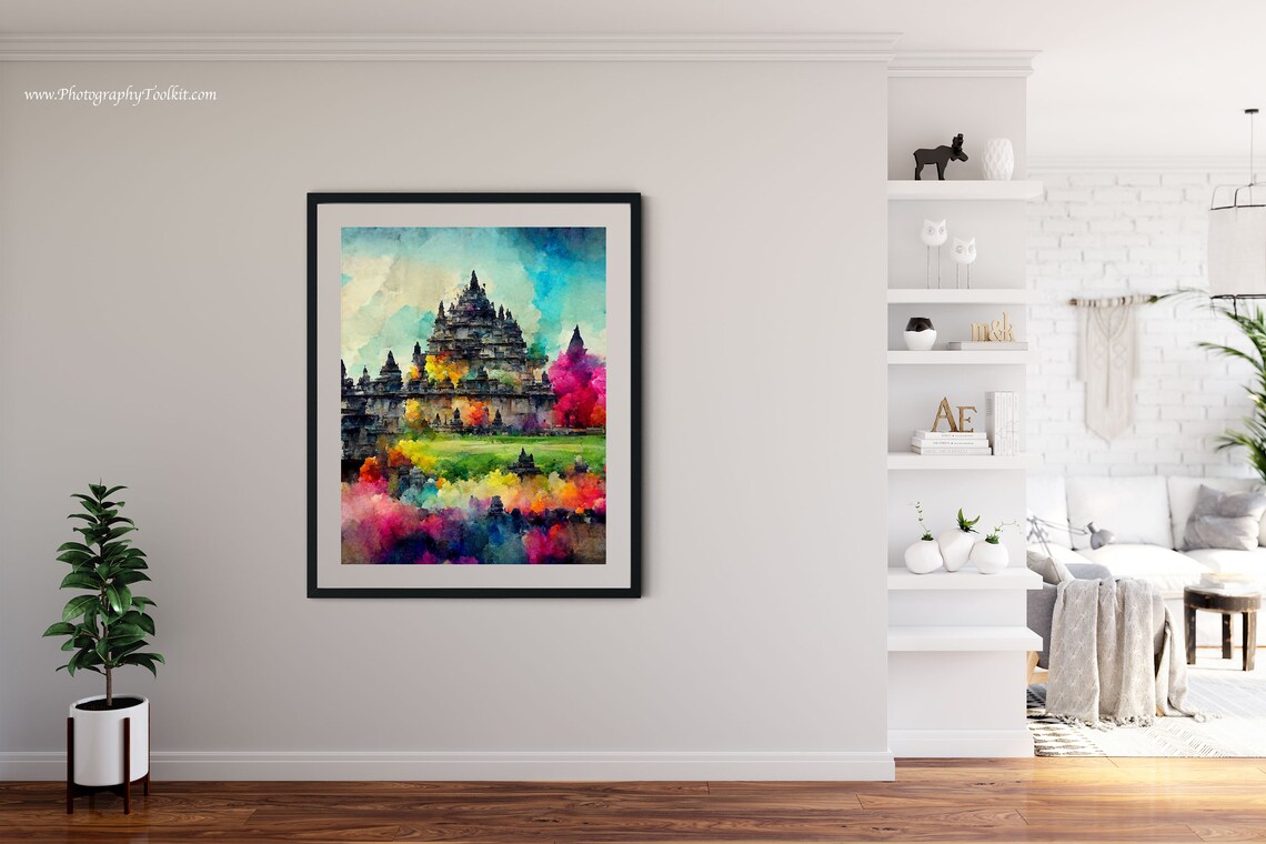 Ancient Temple Spires Garden Vibrant Colorful Sky Watercolor Poster - Image 4