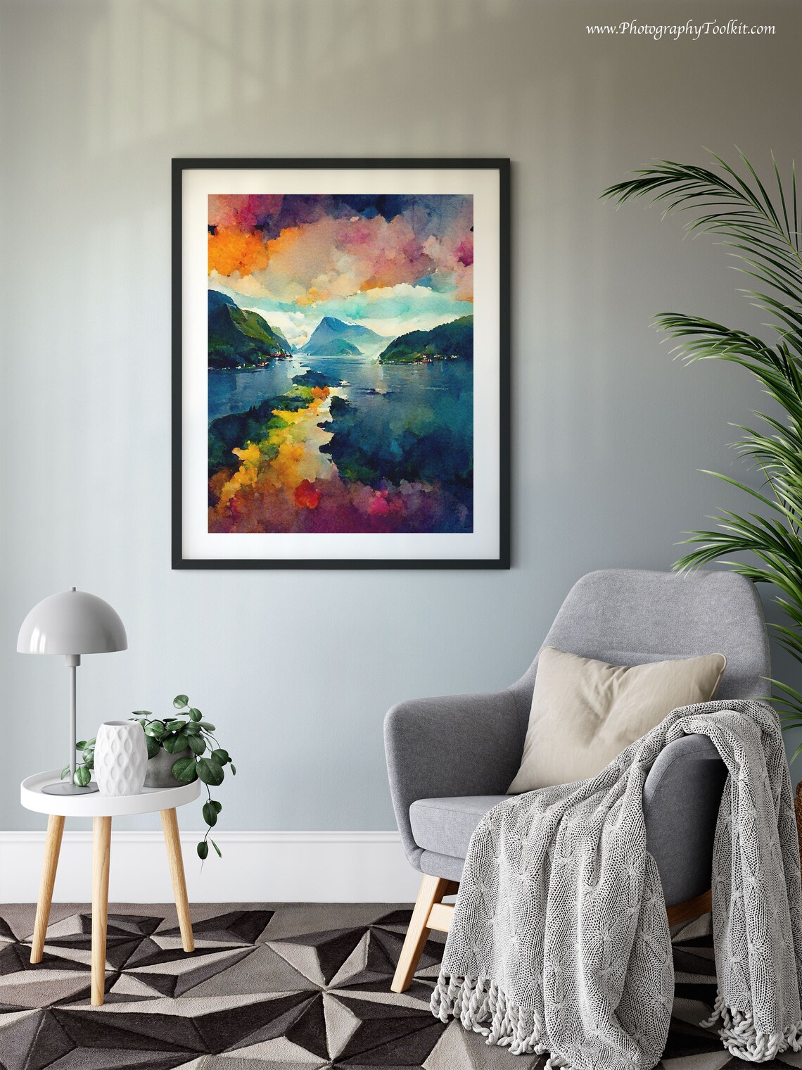 Norwegian Fjord Sunset Reflection Colorful Sky Watercolor Poster - Image 6