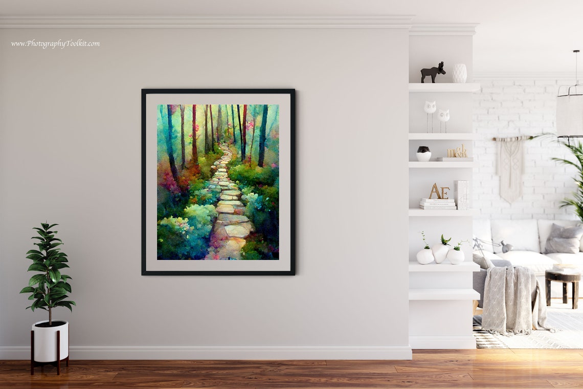 Enchanted Forest Stone Path Watercolor Colorful Trees Garden Poster - Image 4