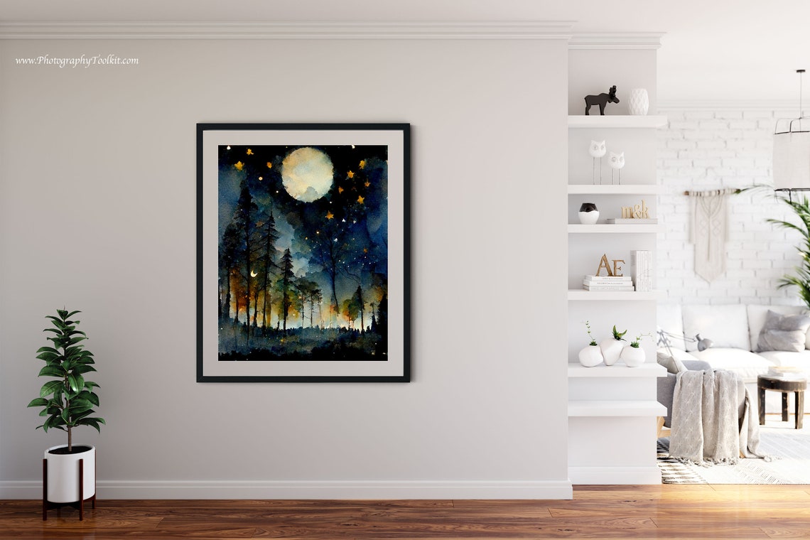 Golden Stars Full Moon Night Forest Watercolor Celestial Sky Poster - Image 4