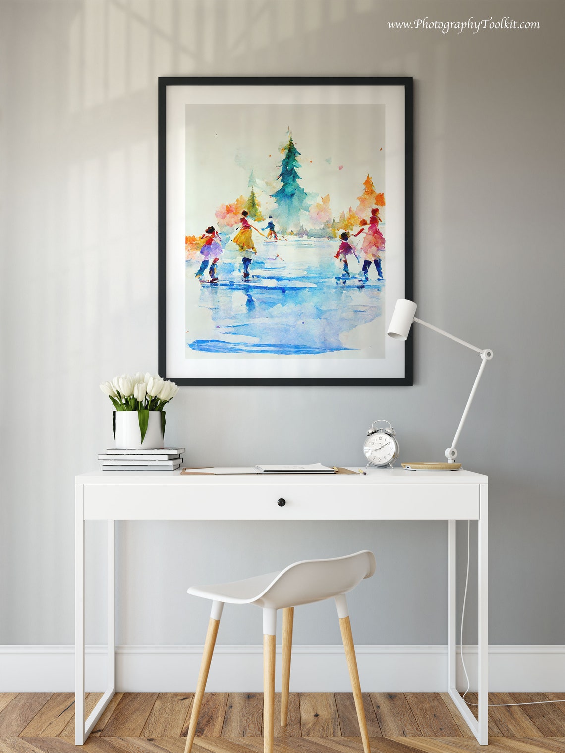Children Ice Skating on a Frozen Pond by a Christmas Tree Poster - Image 2