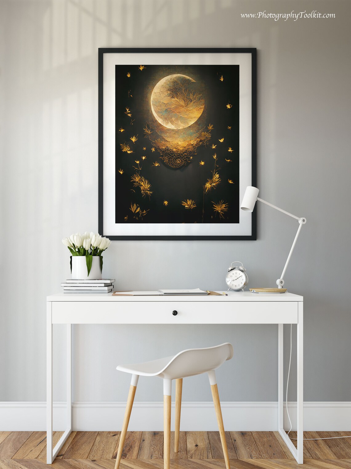 Golden Moon Glowing Moths Black Elegant Night Insect Art Poster - Image 2