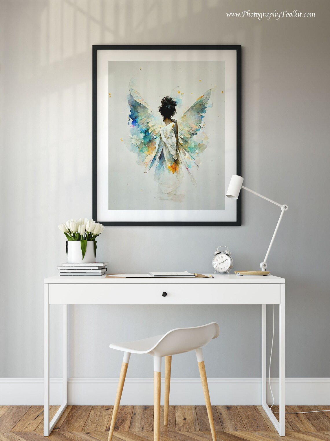 Angel with Watercolor Blue and Gold Wings Seen from Behind Art Poster - Image 2