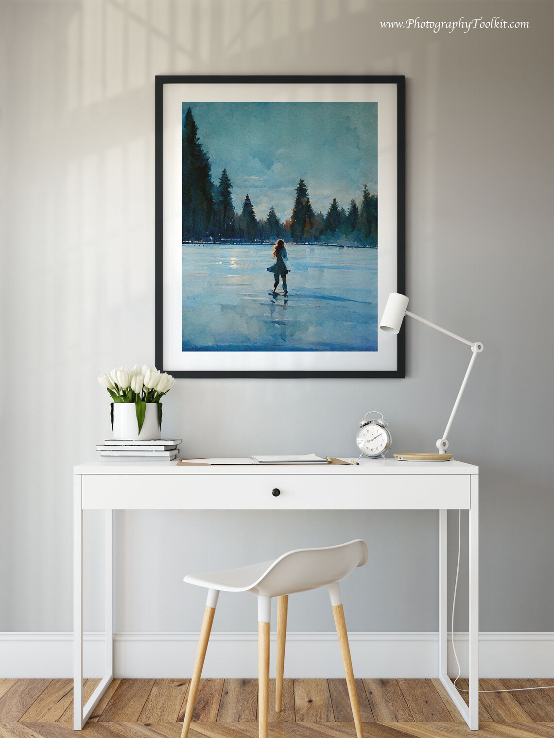 Woman Ice Skating on Frozen Lake Pine Trees Winter Scene Poster - Image 2