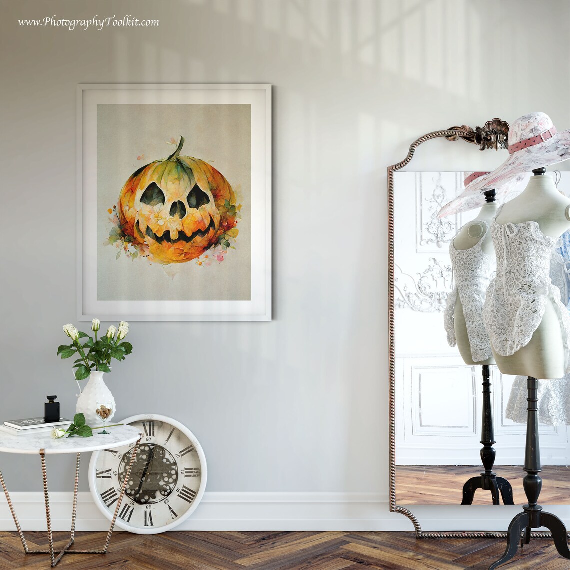 Carved Halloween Pumpkin Watercolor Wall Art Jack O Lantern Floral Decor - Image 6