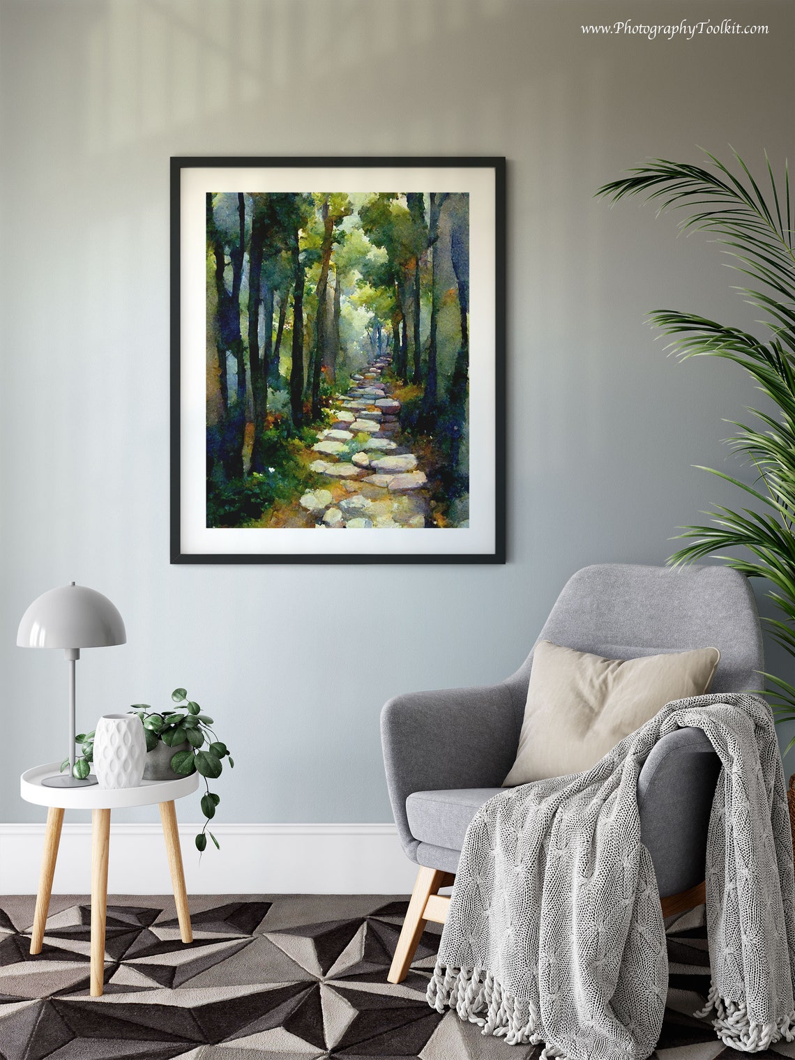 Forest Path Watercolor Stone Trail Through Tall Trees Nature Poster - Image 6