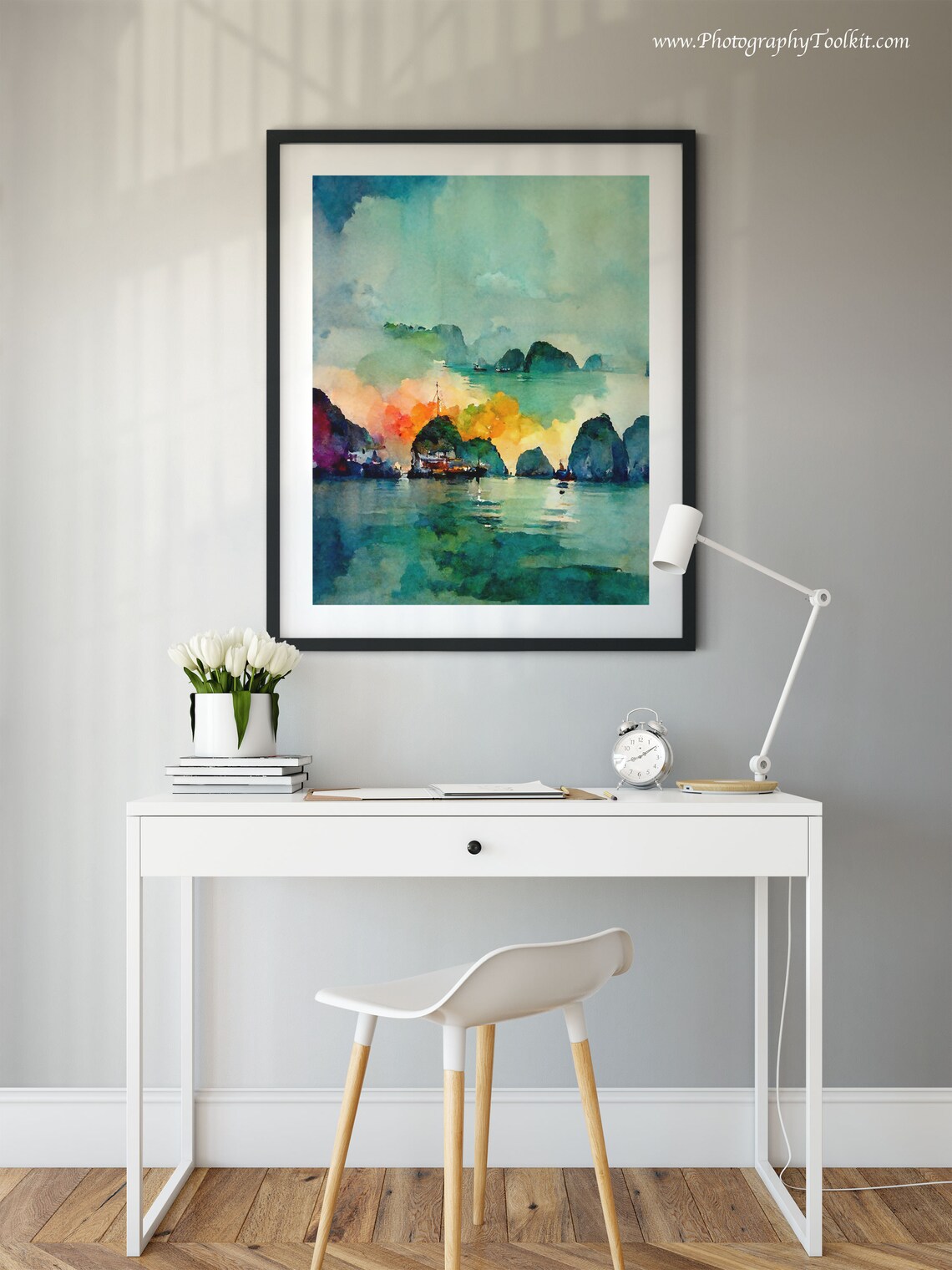 Ha Long Bay Vietnam Sunset Boats Karst Watercolor Travel Poster - Image 2