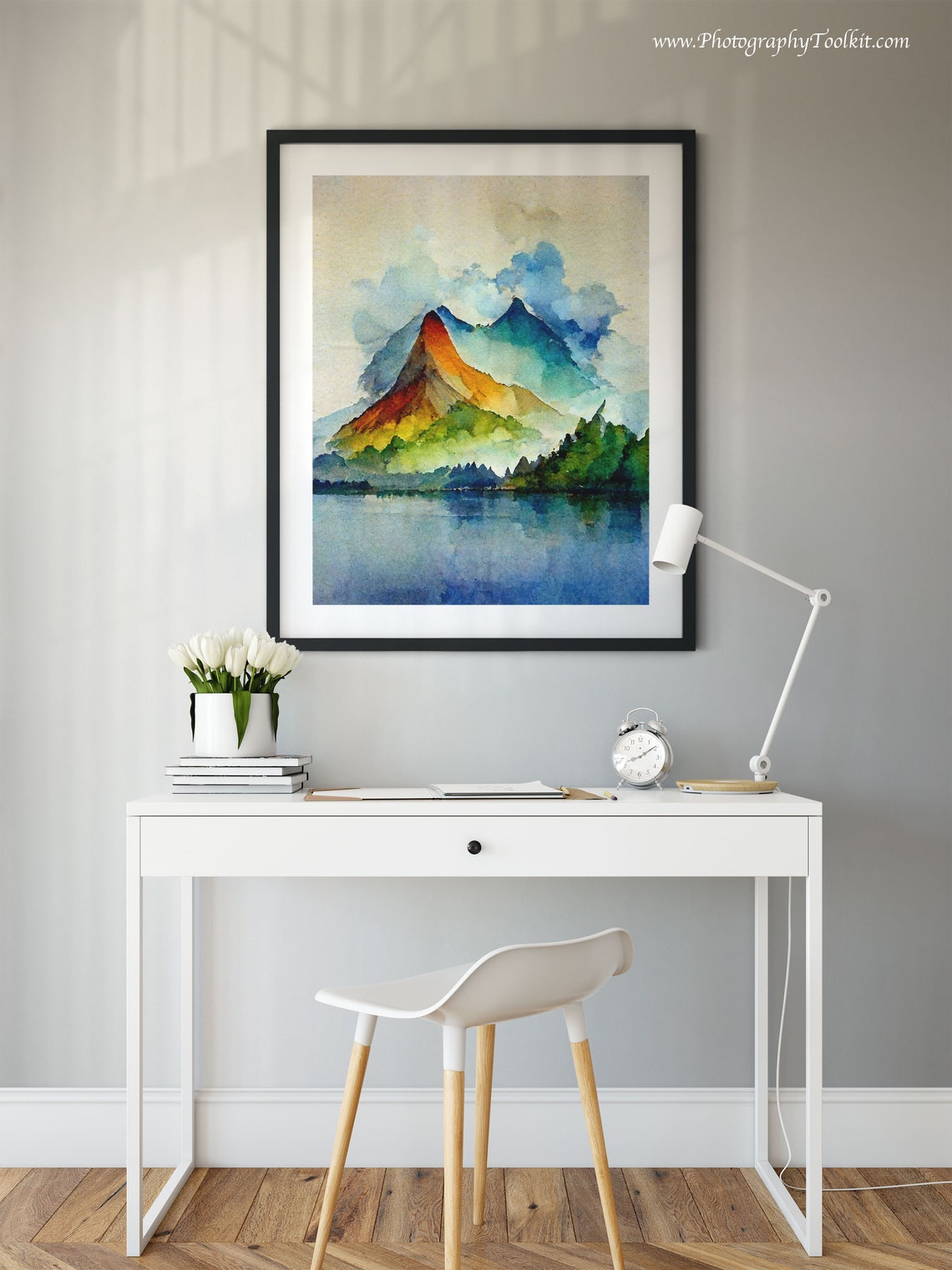 Colorful Rainbow Mountain Peaks Above a Calm Lake Watercolor Poster - Image 2