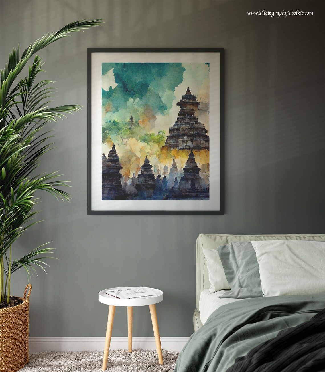 Borobudur Buddhist Temple Stone Stupas Teal Sky Watercolor Poster - Image 3