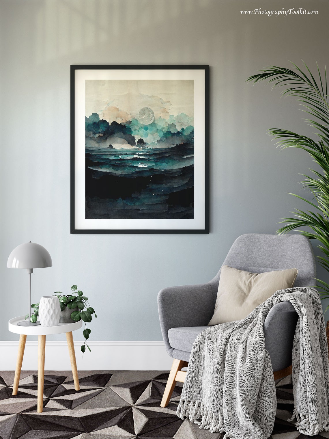 Dark Teal Ocean Waves Pale Moon Clouds Watercolor Night Sea Poster - Image 6
