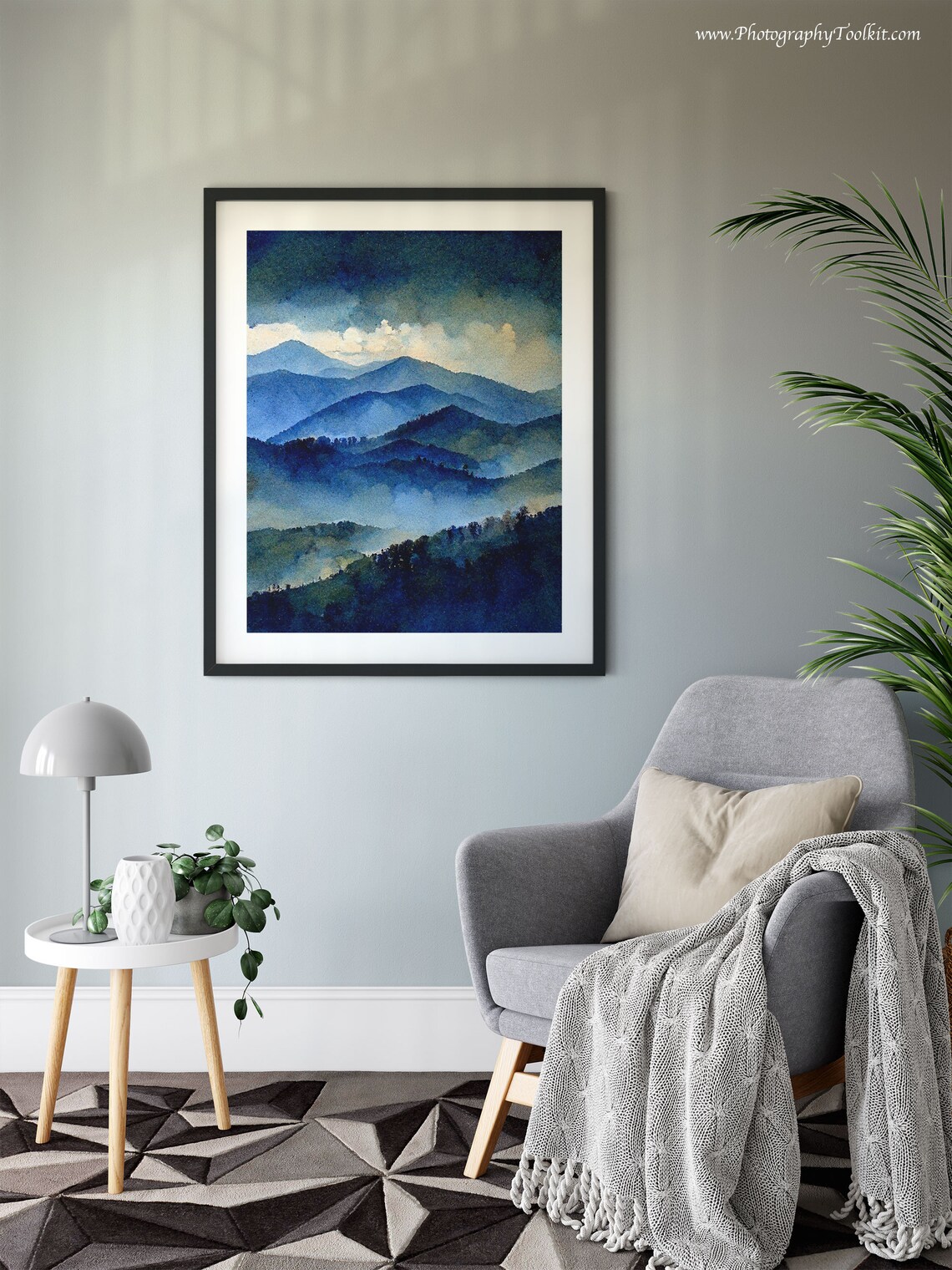 Misty Blue Mountains Watercolor Night Sky Clouds Over Peaks Art Poster - Image 6
