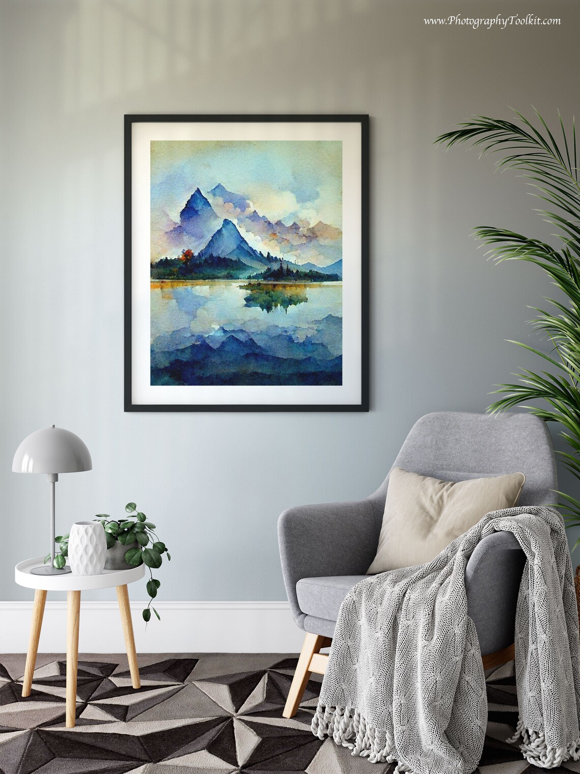 Misty Purple Mountain Peaks Reflected in a Still Lake Watercolor Poster - Image 6