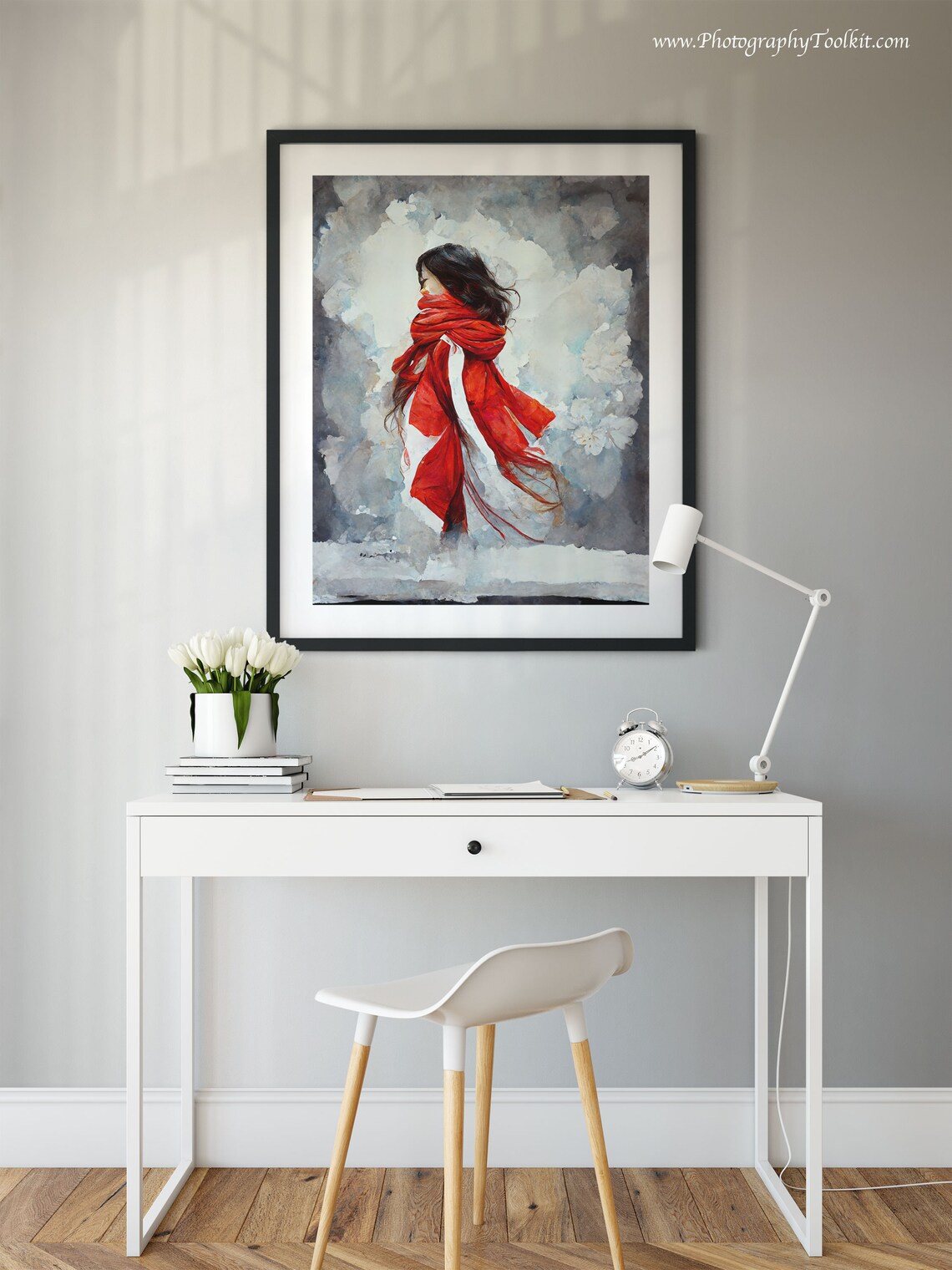 Woman in Red Scarf Winter Watercolor Snowy Evening Portrait Poster - Image 2