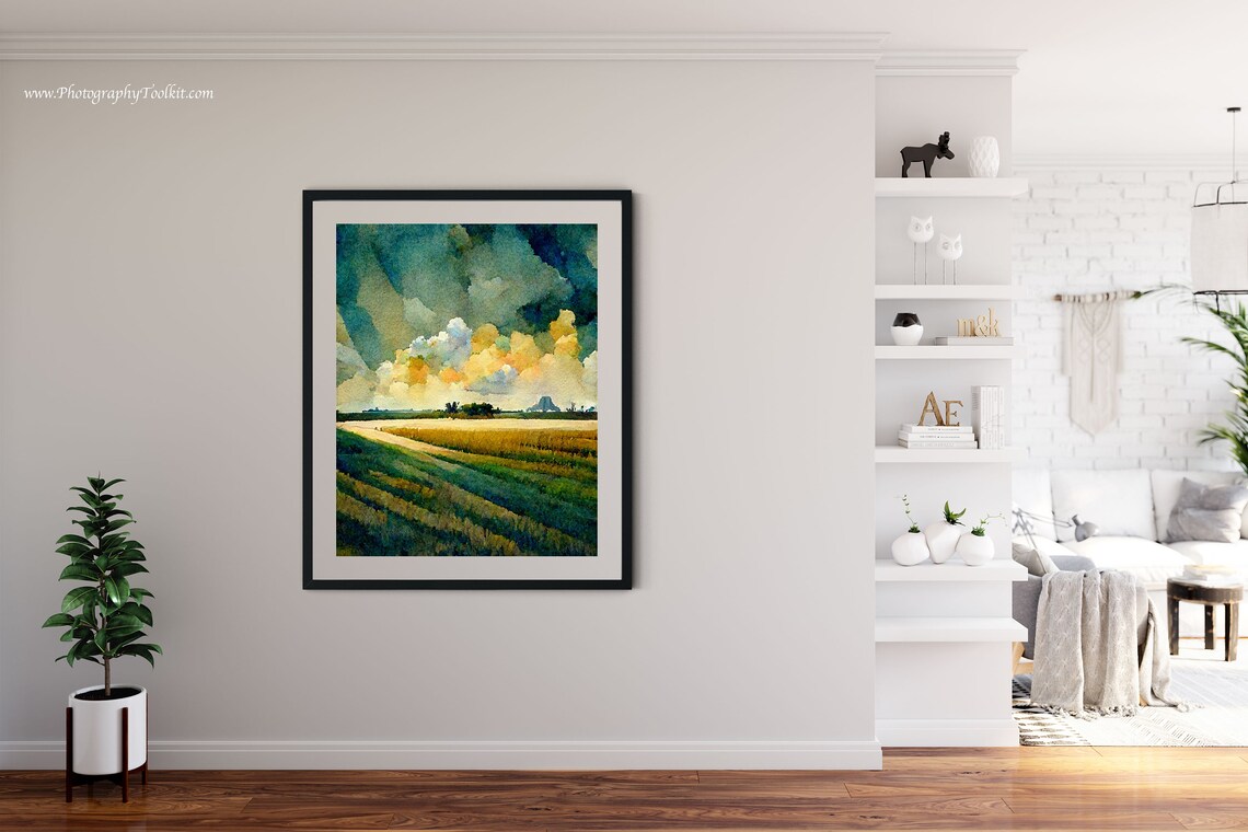Golden Field Dramatic Golden Clouds Watercolor Landscape Poster - Image 4