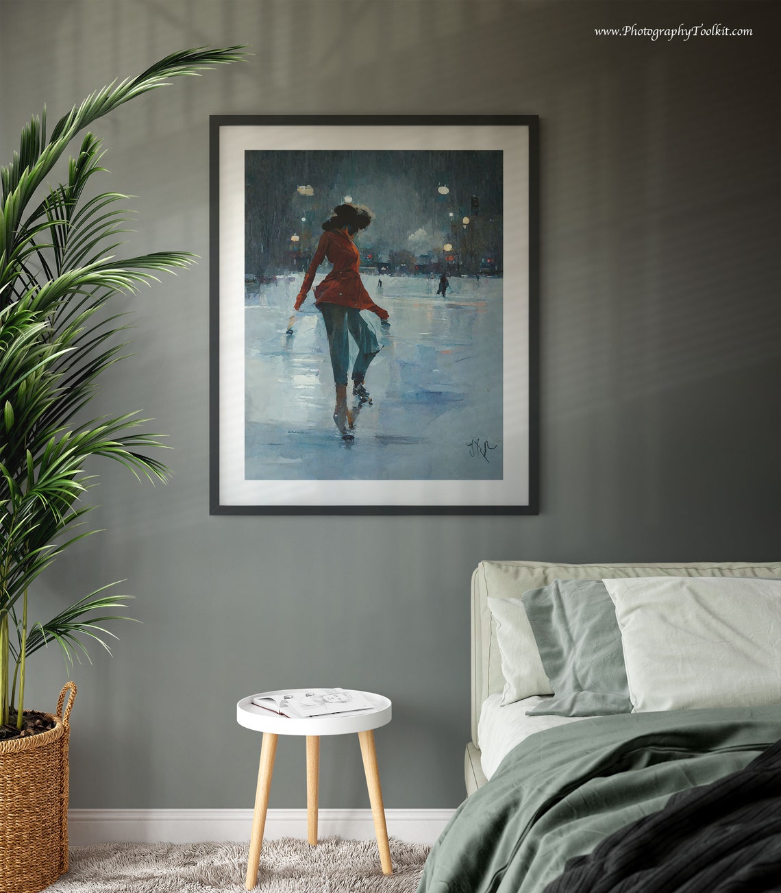Woman Gliding on a Night Ice Rink Under City Lights Painting Poster - Image 3