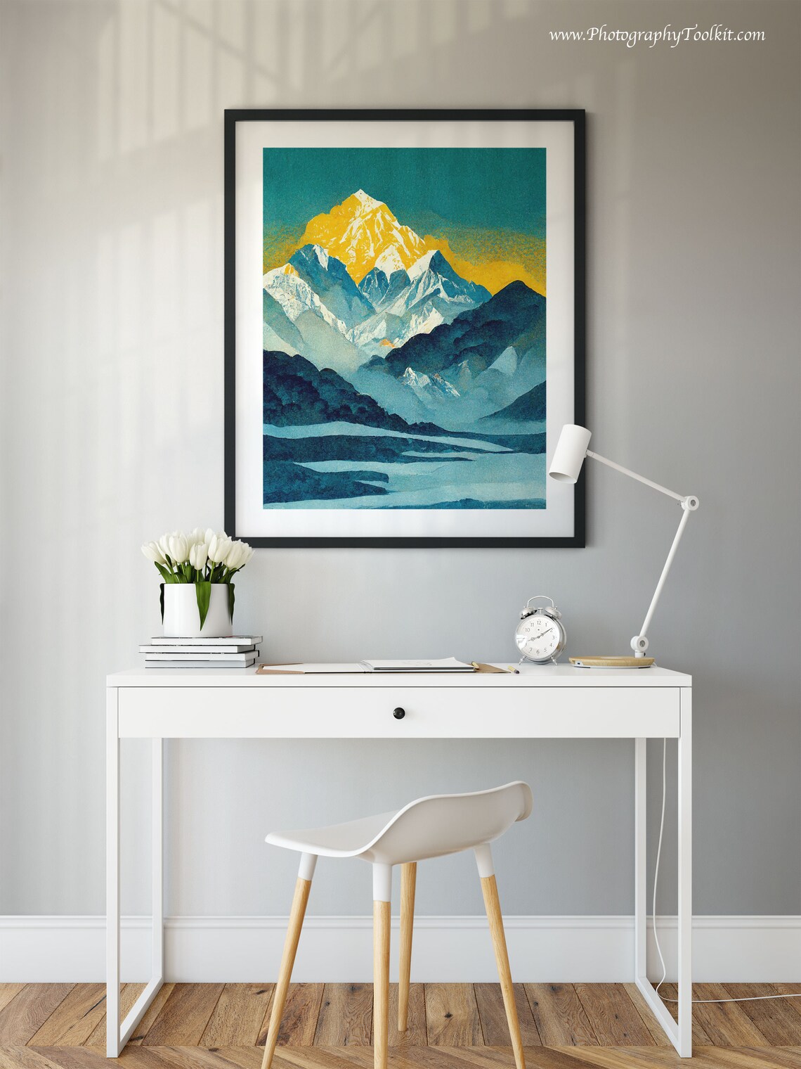 Mount Everest Golden Summit Snowy Peak Teal Blue Watercolor Print - Image 2