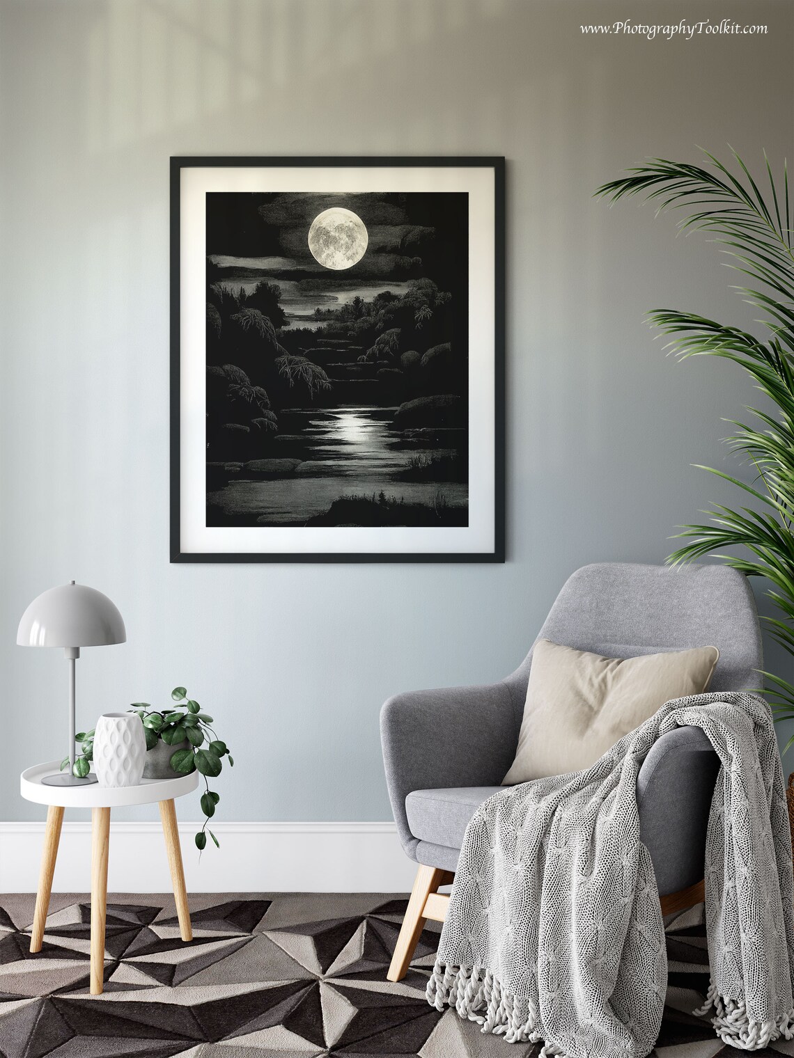 Full Moon Night River Reflection Black and White Moody Landscape Print - Image 6