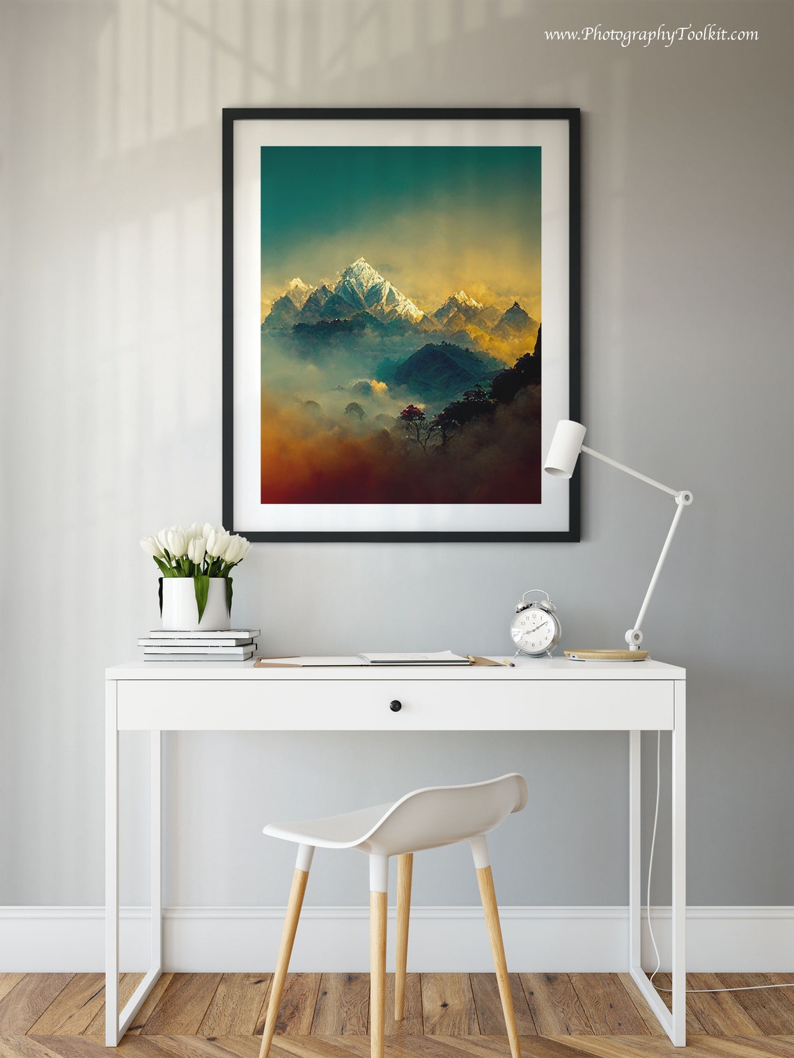 Himalaya Peaks Golden Sunset Mist Lone Tree Mountain Landscape Print - Image 2