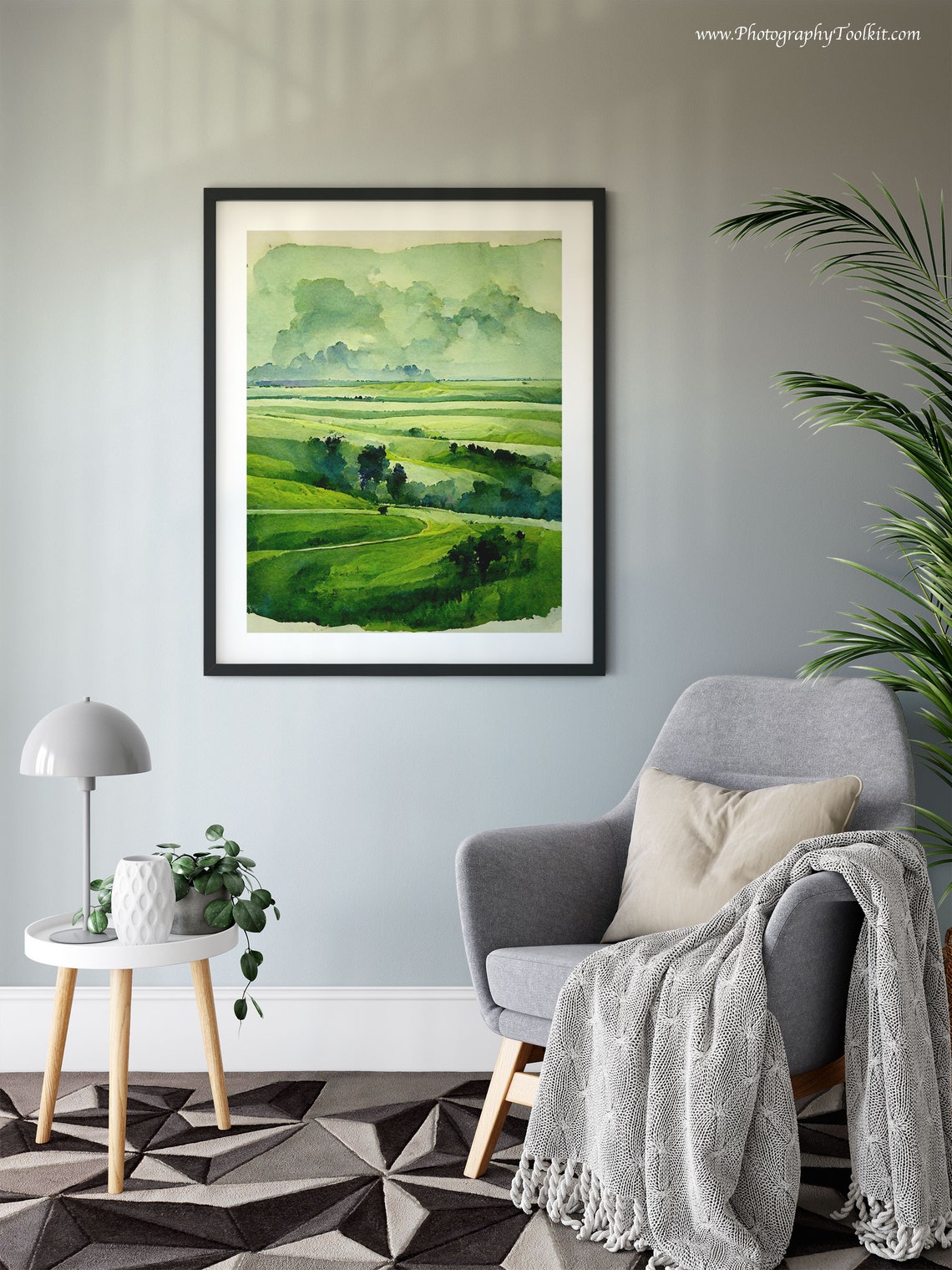 Green Rolling Plains Watercolor Pasture Landscape Meadow Poster - Image 6