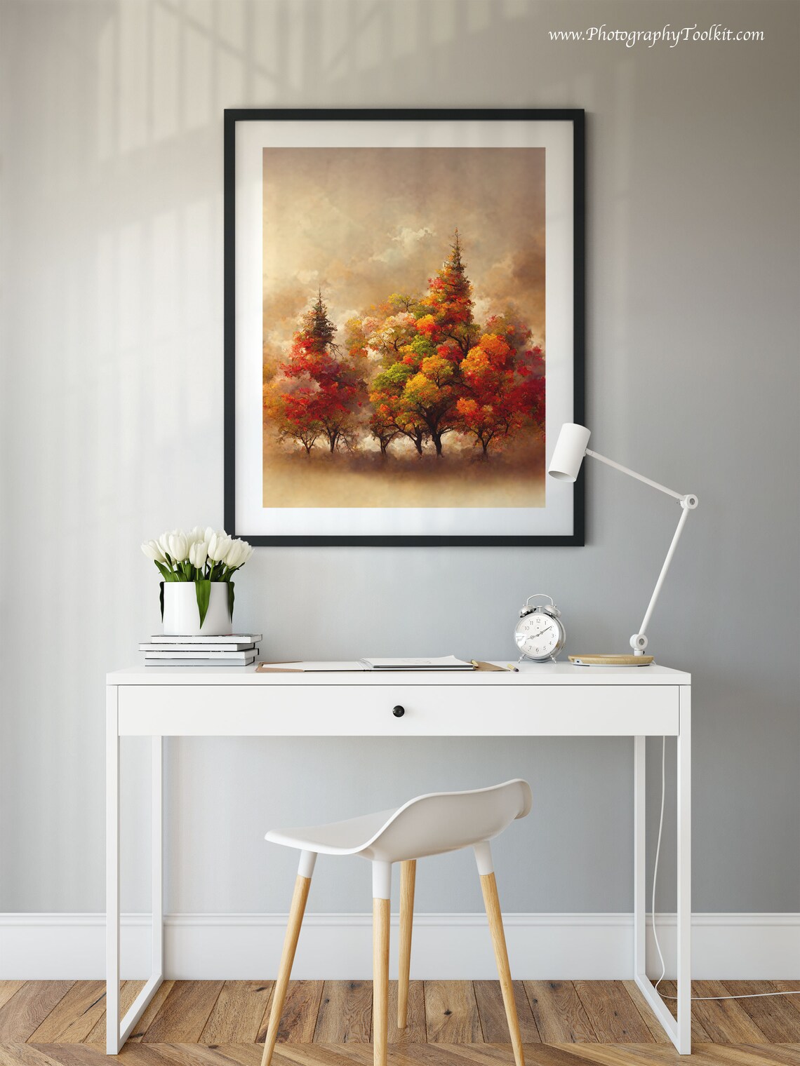 Autumn Red Maple Trees Watercolor Print Misty Fall Forest Landscape Art - Image 2