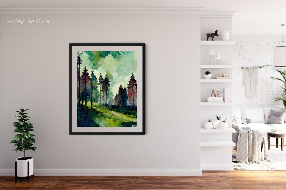 Tall Pine Trees Misty Woodland Trail Serene Watercolor Poster - Image 4