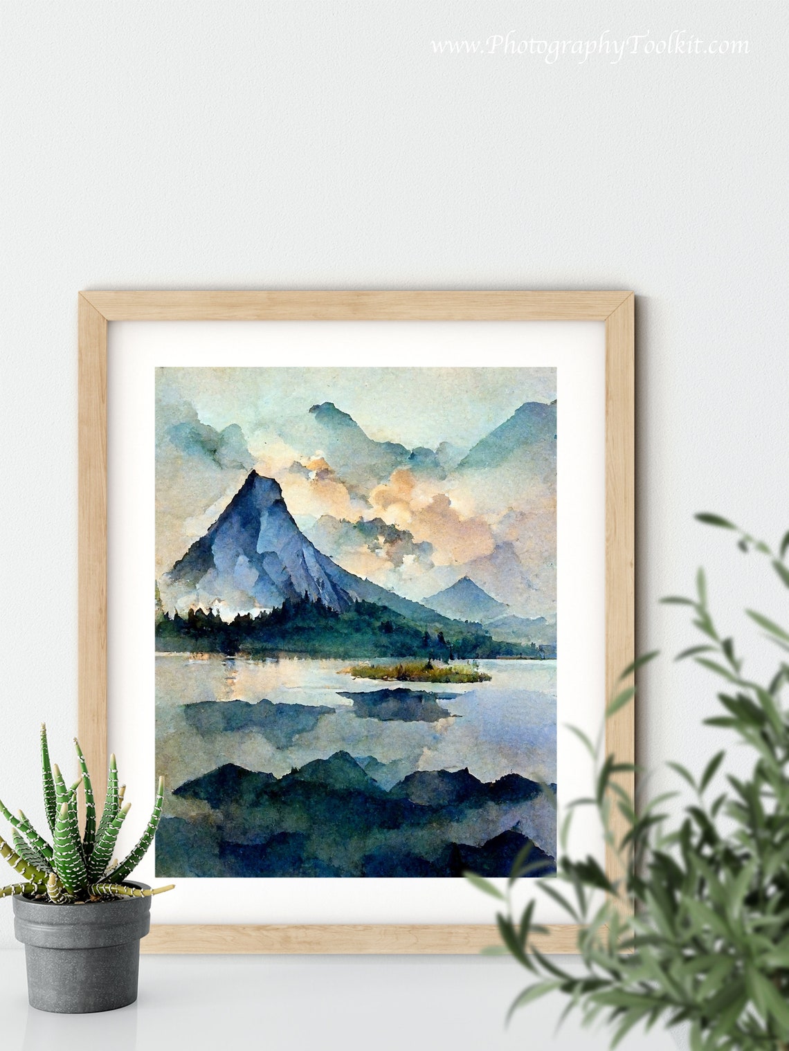 Snowy Mountain Peak Over a Mirror Lake at Sunrise Watercolor Poster - Image 5