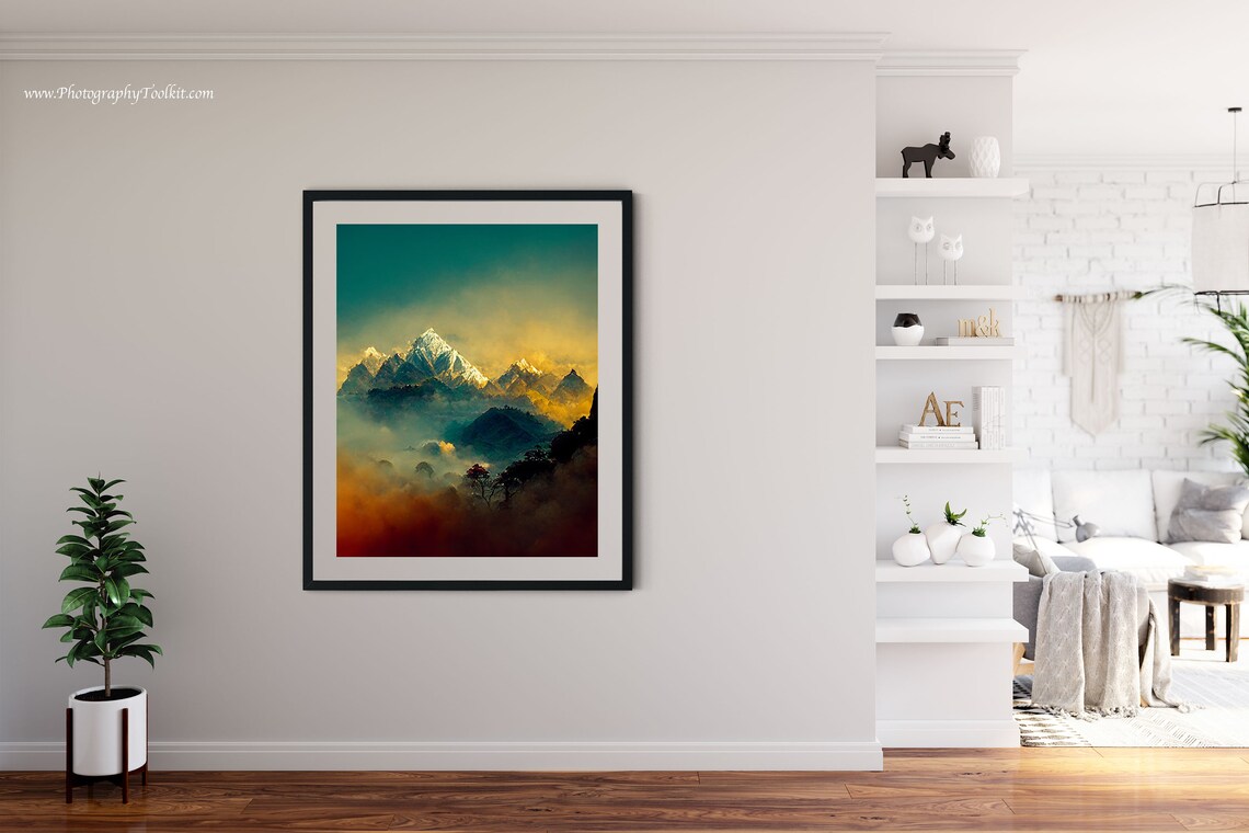 Himalaya Peaks Golden Sunset Mist Lone Tree Mountain Landscape Print - Image 4