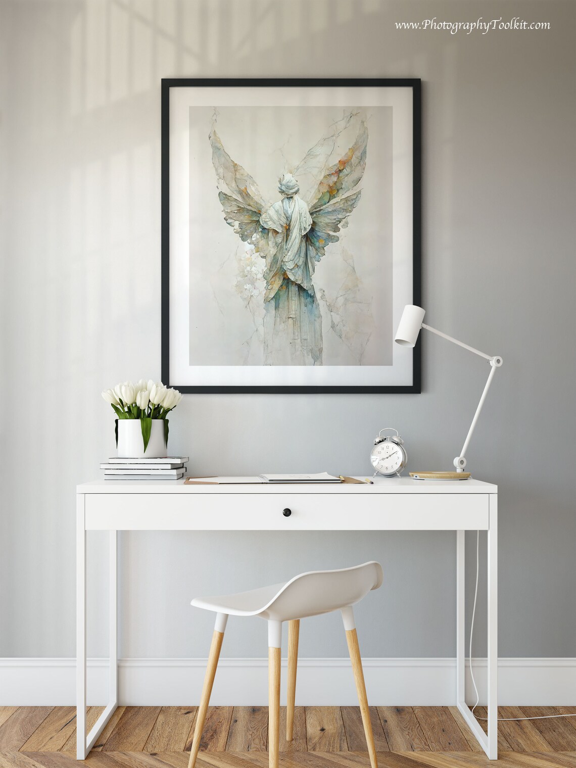 Ethereal Robed Angel with Soft White Wings Watercolor Heavenly Poster - Image 2