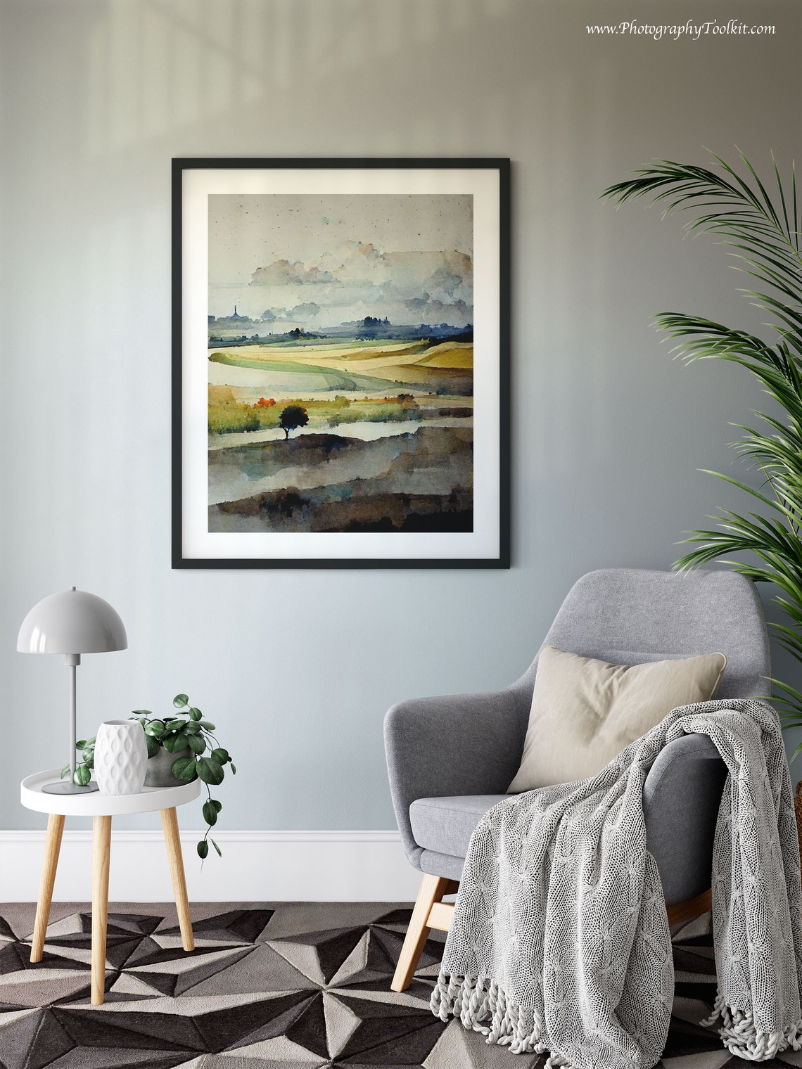 Quiet Fields Lone Tree Muted Sky Watercolor Landscape Poster - Image 6