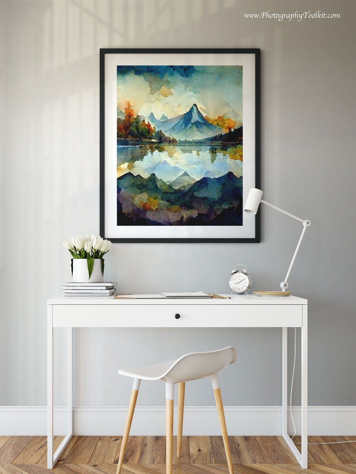 Mountain Peaks Mirrored in a Still Lake Watercolor Landscape Poster - Image 2