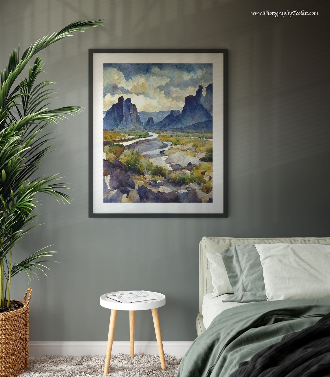 Desert Canyon River Watercolor Rocky Cliffs Dramatic Cloud Sky Poster - Image 3