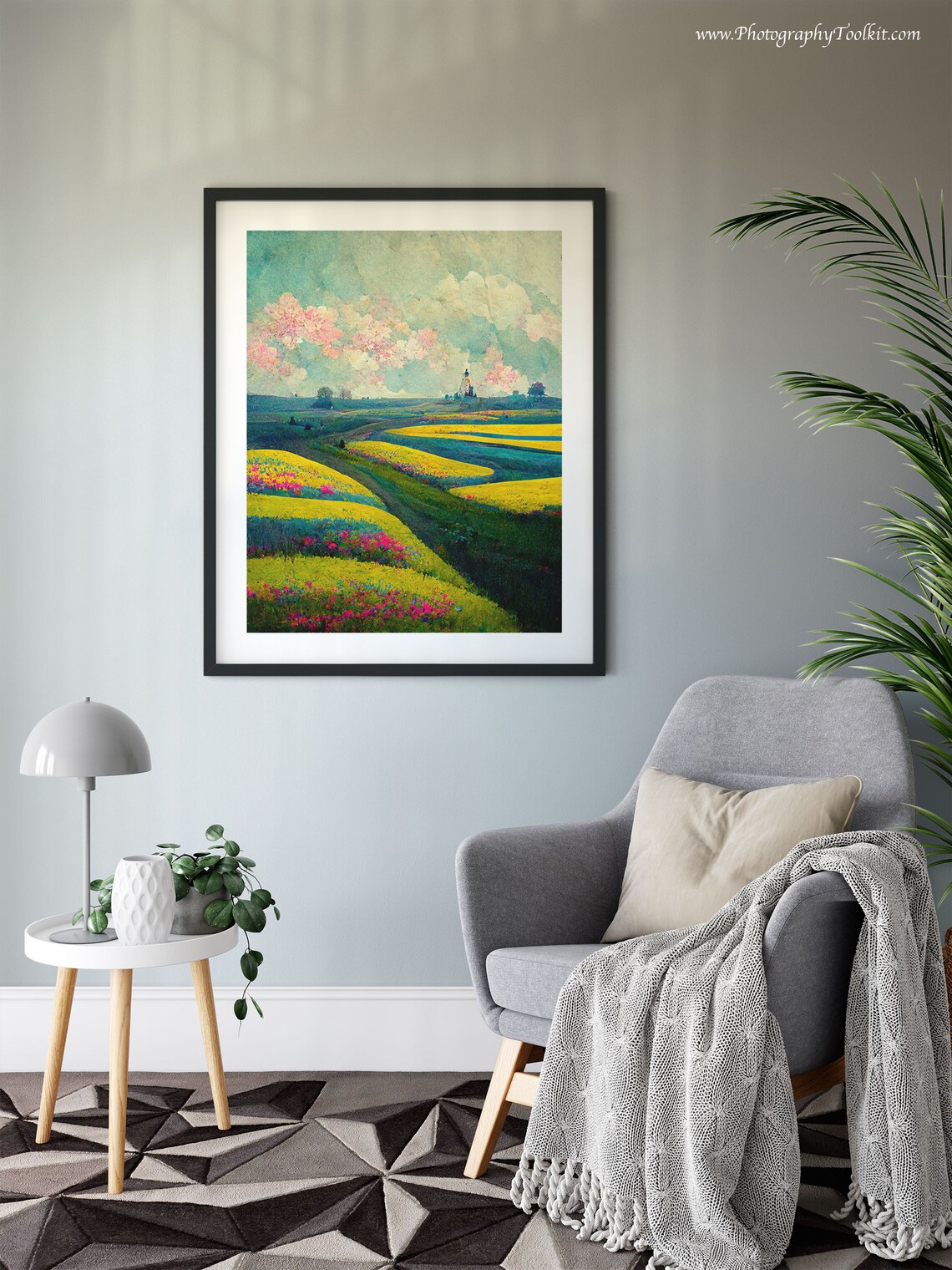 Yellow and Pink Flower Fields Under Blossom Clouds Impressionist Poster - Image 6