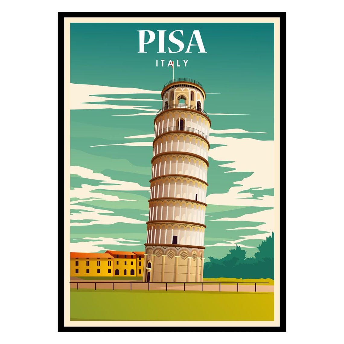 Pisa Italy Leaning Tower Vintage Italian Landmark Travel Poster