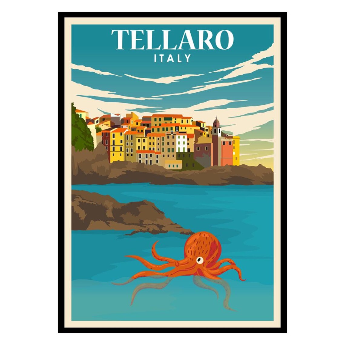 Tellaro Italy Coastal Village Travel Poster Octopus Sea Decor